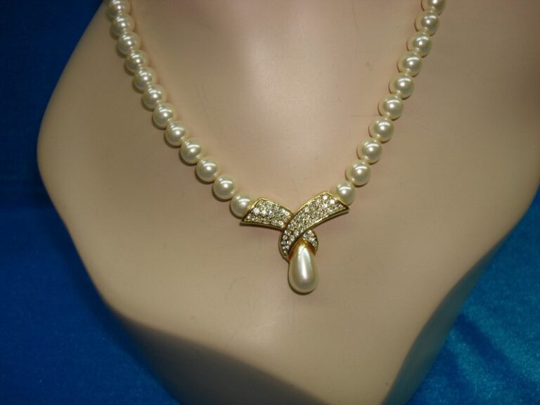 Vintage Napier faux pearl and CZ necklace in gold-tone