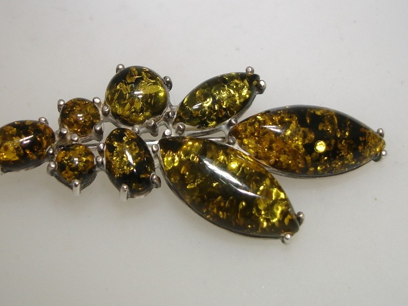 Vintage Sterling Silver & Green Amber Pin Brooch