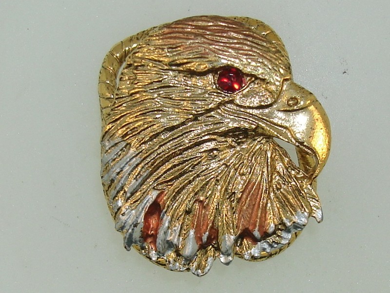Gold-tone Apache eagle head scarf slide or bolo with enamel trim