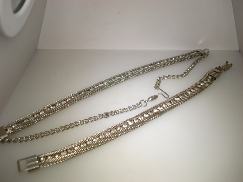 Vintage 1940s-50s Silver Mesh Rhinestone Choker and Bracelet Set