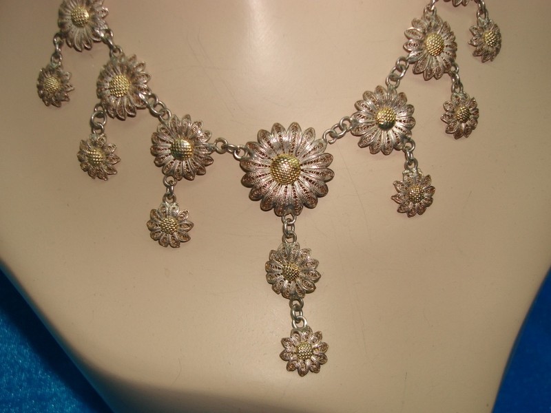 Vintage 800 silver and gold vermeil filigree bib necklace and earring set