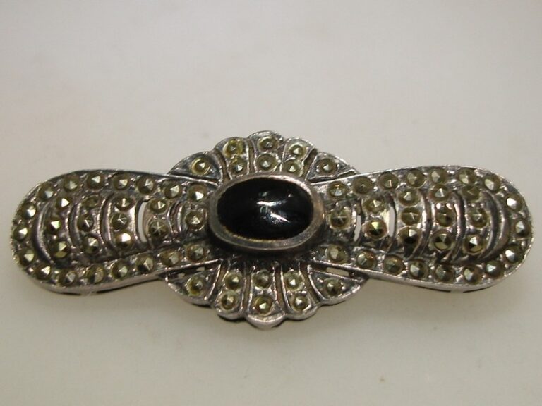 Vintage Sterling Silver Onyx and Marcasite Brooch Pin
