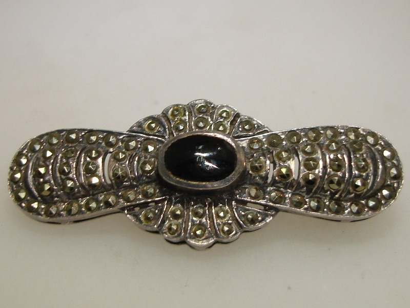 Vintage Sterling Silver Onyx and Marcasite Brooch Pin