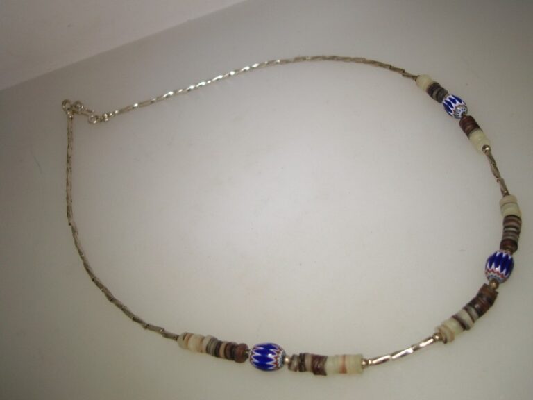 Vintage Native American sterling silver choker necklace with heshi and millefiore beads