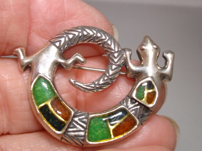 Sterling silver gecko lizard pin with turquoise and coral inlay