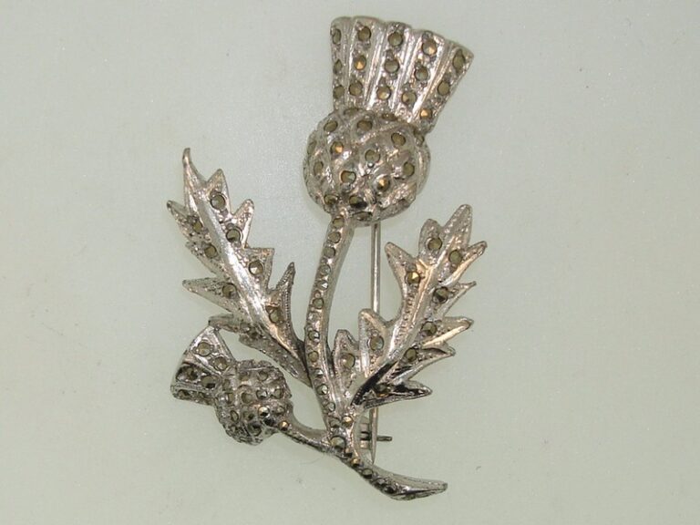 Vintage Celtic thistle pin in silver vermeil with marcasite sparkle, 1950s