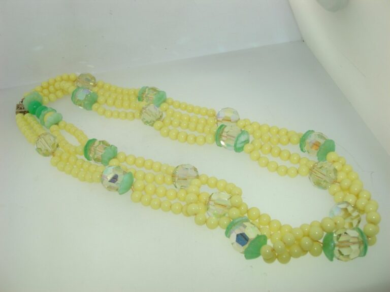 Vintage 1950s double strand glass bead necklace with AB beads and fluted caps