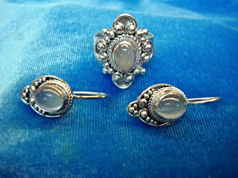 Sterling silver moonstone ring and earring set, size 6