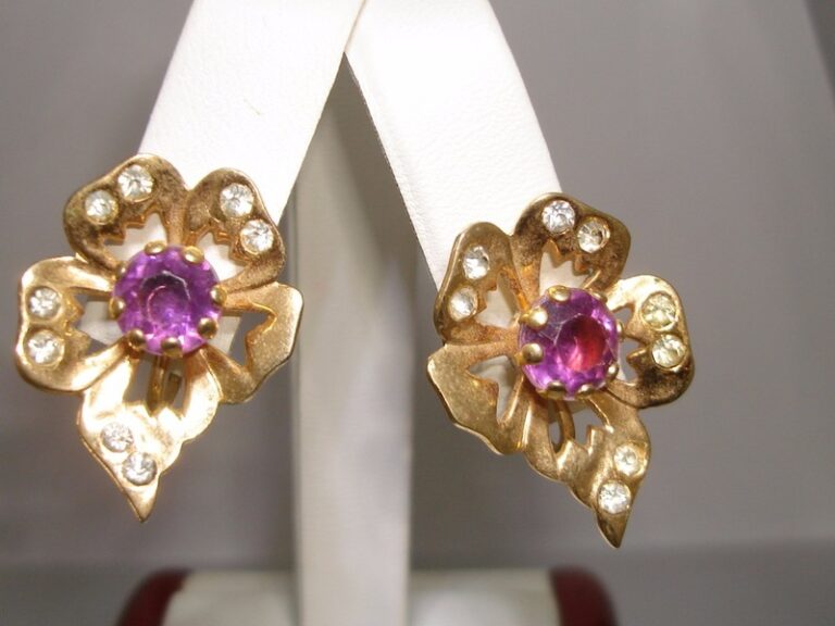 Vintage 1940s gold-tone amethyst and rhinestone flower earrings