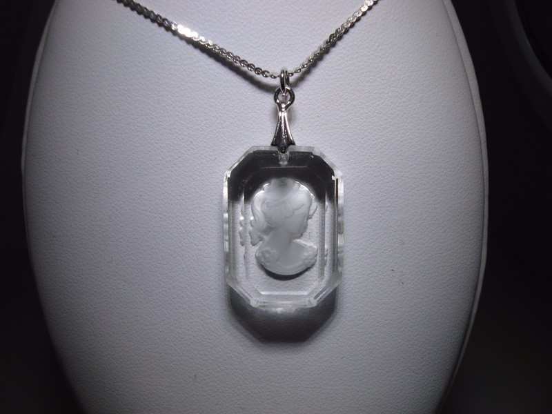 Vintage Sterling Silver Reverse Carved Glass Pendant Necklace