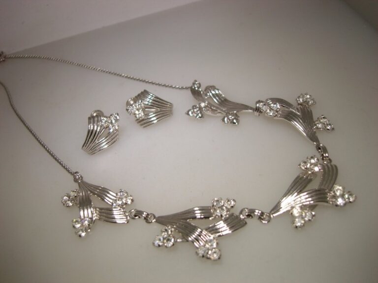 Vintage Loran Sim sterling silver foiled rhinestone necklace and earring set, 1940s