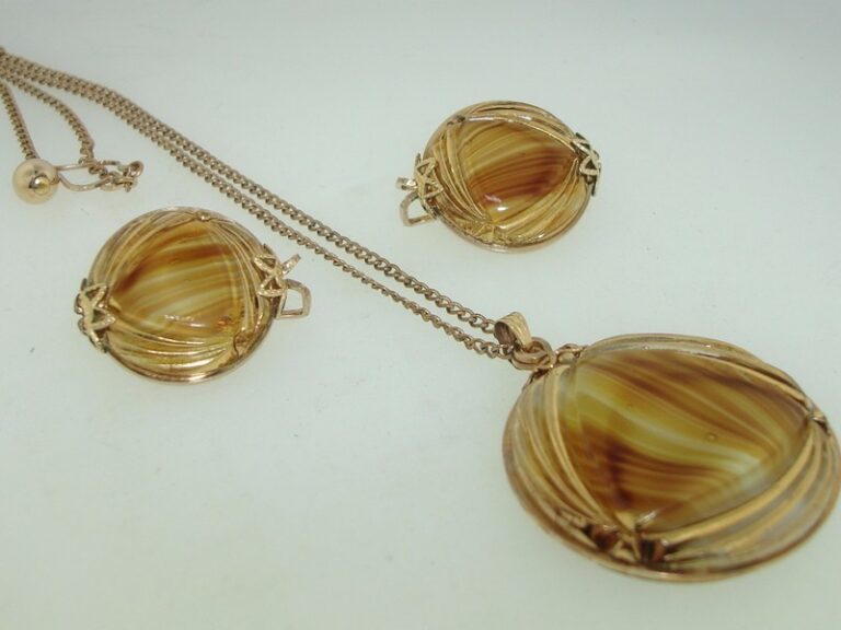 1960s Hillcrest gold-filled art glass necklace and earrings set