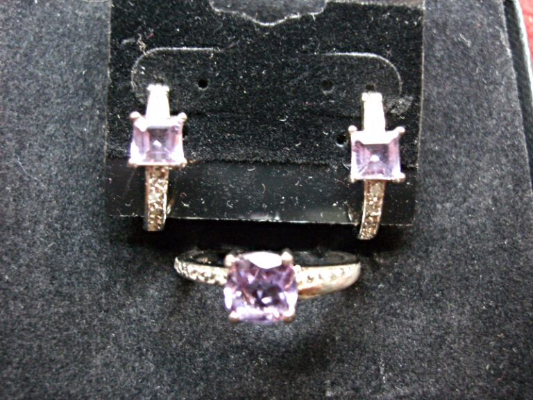 Sterling silver amethyst and diamond earrings and ring set