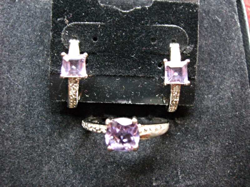 Sterling silver amethyst and diamond earrings and ring set