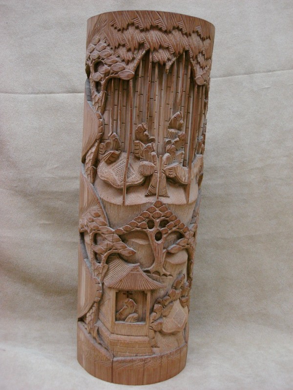 Antique Chinese bamboo brush pot with scenic carvings