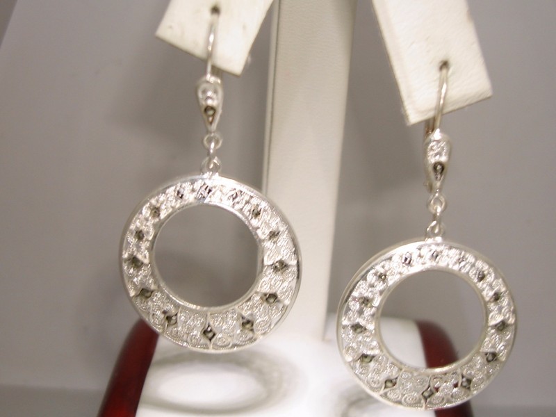 Vintage 800 Silver Filigree Marcasite Dangle Hoop Earrings