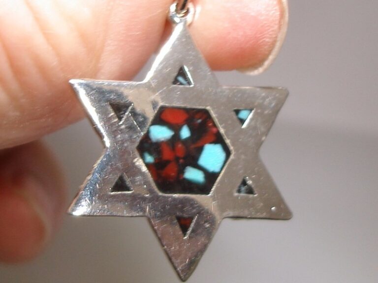 Vintage Sterling Silver Turquoise & Coral Star of David Pendant