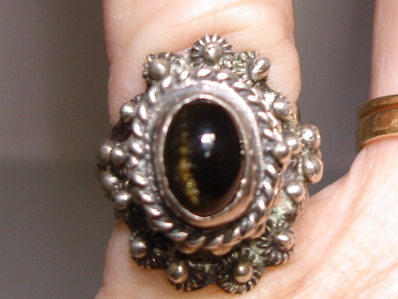 Vintage Taxco Mexico sterling silver poison ring with golden sheen obsidian