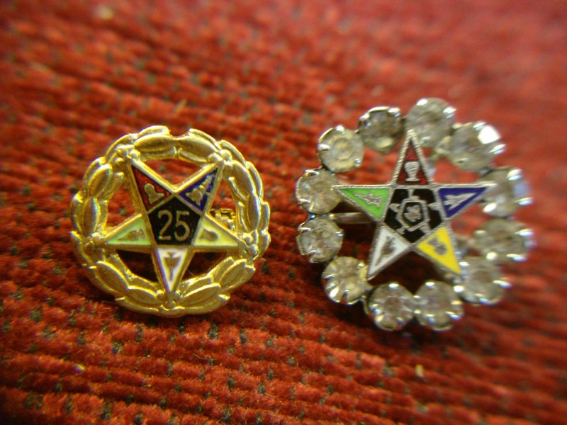 Pair of vintage Eastern Star pins, one celebrating a 25-year milestone, the other with sparkling stones