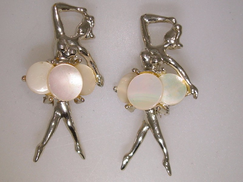 Pair of vintage 1940s-50s scatter pins featuring ballerinas with mother-of-pearl skirts
