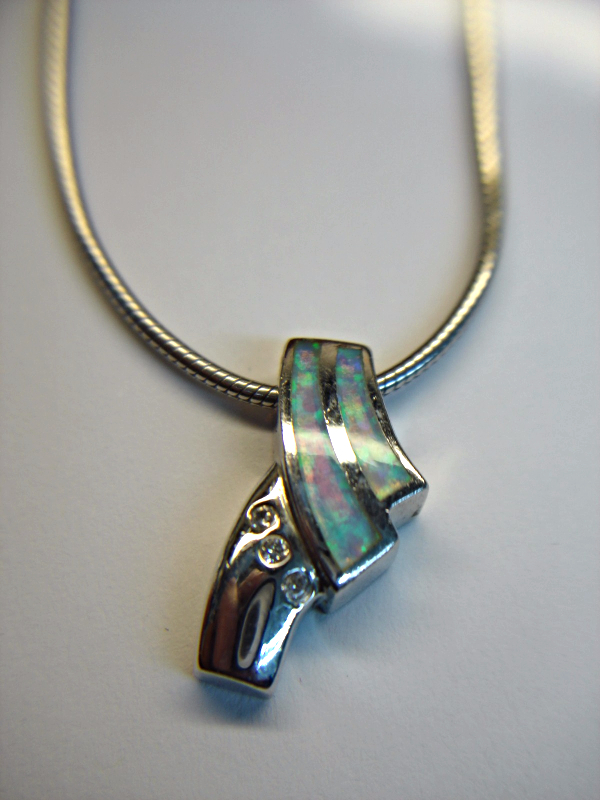 Sterling silver slide pendant with opals and diamonds, adjustable snake chain