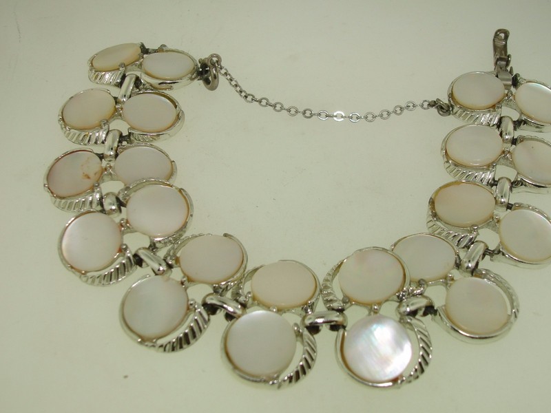 Vintage 1950s Coro iridescent white mother of pearl disc bracelet