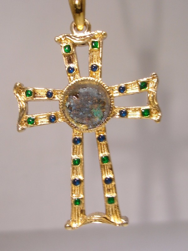 Vintage Gold Plated Sterling Silver Cross Necklace with Enamel and Inlay