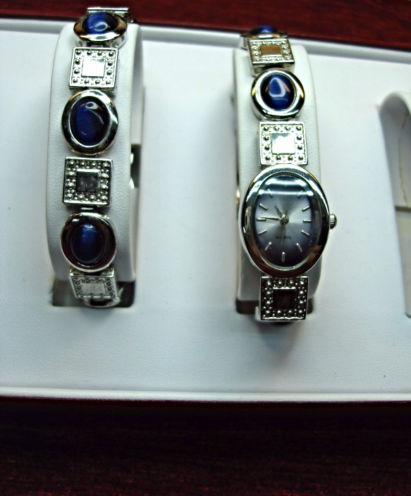 Iridescent blue stone wristwatch and bracelet combo, brand new with tags