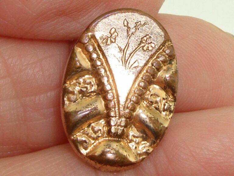 Antique Victorian rose gold wash repoussé floral pin with hand-etched details