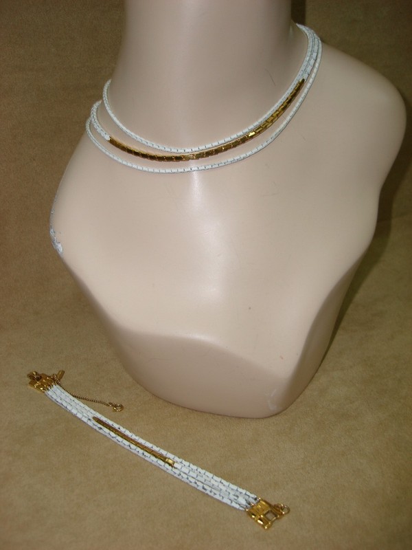Vintage Monet white enamel and gold choker and bracelet set (1960s-70s)