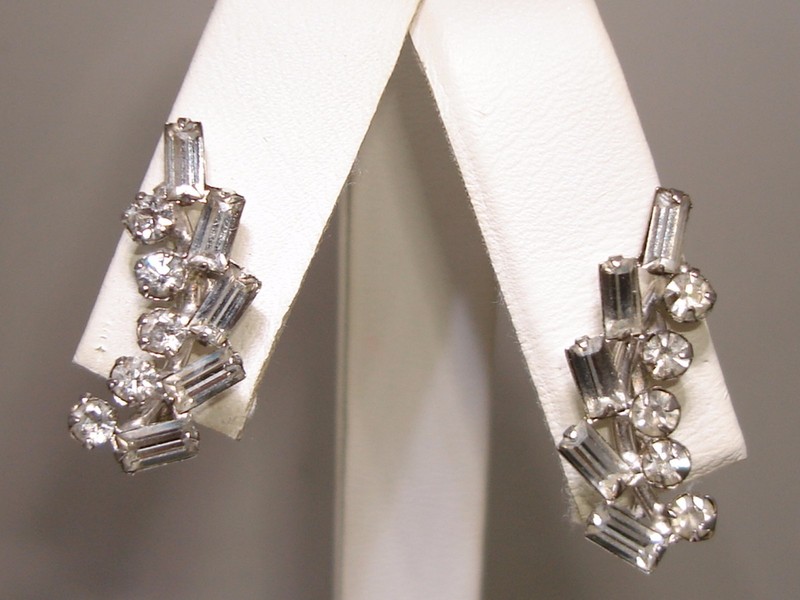 Vintage 1940s Carl Art Sterling Silver Rhinestone Baguette Earrings