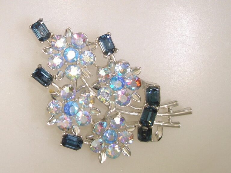 Vintage USNER aurora borealis floral pin, silver vermeil, blue rhinestones