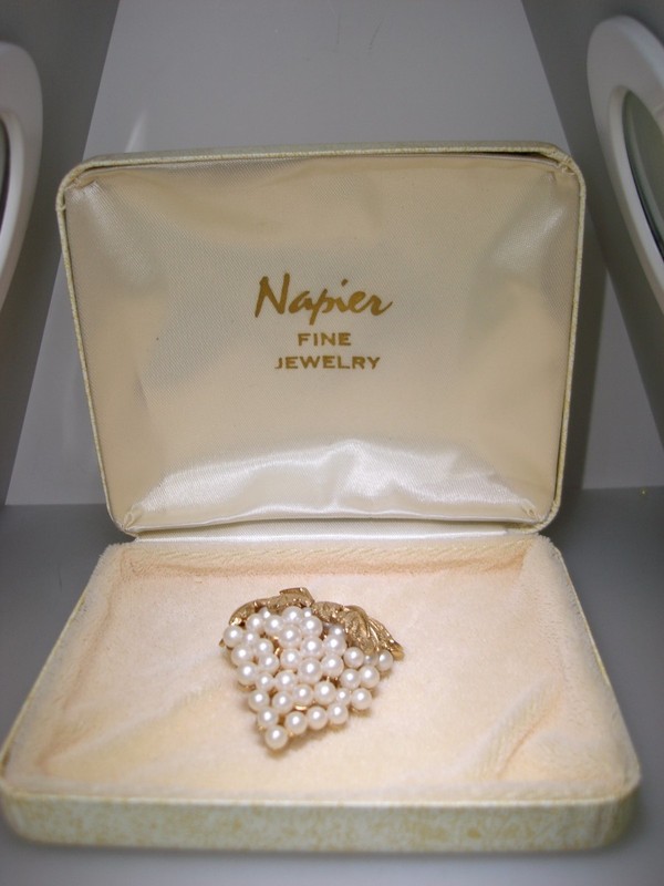 Vintage Napier faux pearl grape cluster pin brooch, 1960s-70s, N.O.S.