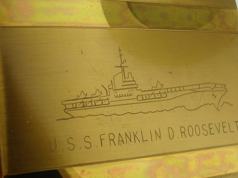 Vintage WWII USS Franklin D. Roosevelt compact with engraved aircraft carrier