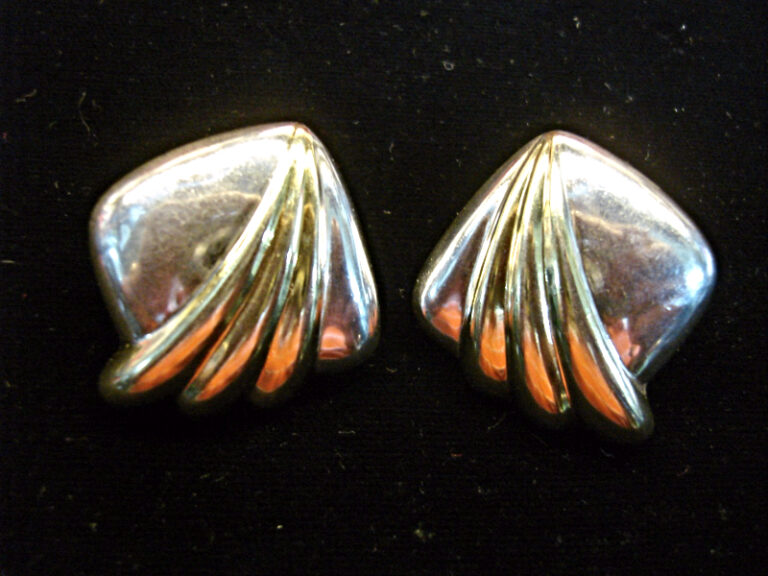 Vintage-style puffy sterling silver earrings with gold vermeil accents, clip-on