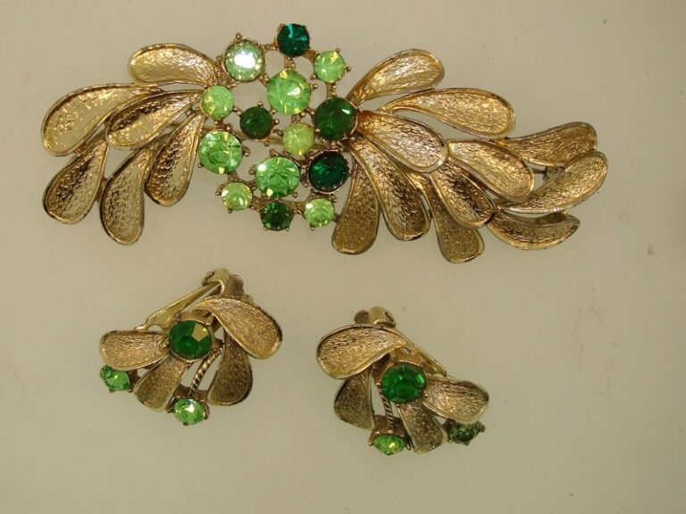 Vintage Coro Pegasus pin and earrings set, 1950s gold tone with rhinestones