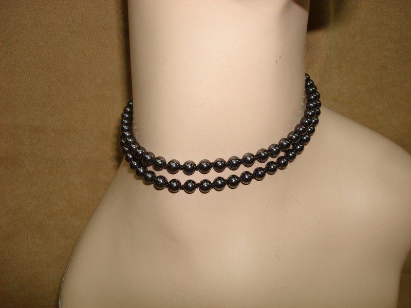 Vintage hand-knotted hematite necklace, 24 inches, polished gray/black beads