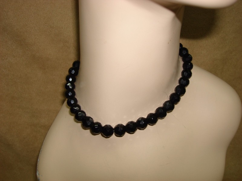Vintage black glass beaded choker necklace with faceted beads