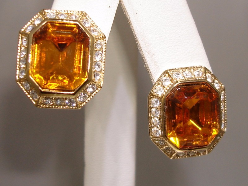 Vintage 1970s Roman style gold tone clip-on earrings with faux topaz and cubic zirconia