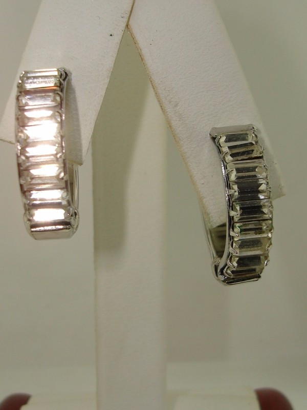 Vintage silver clip-on baguette rhinestone earrings