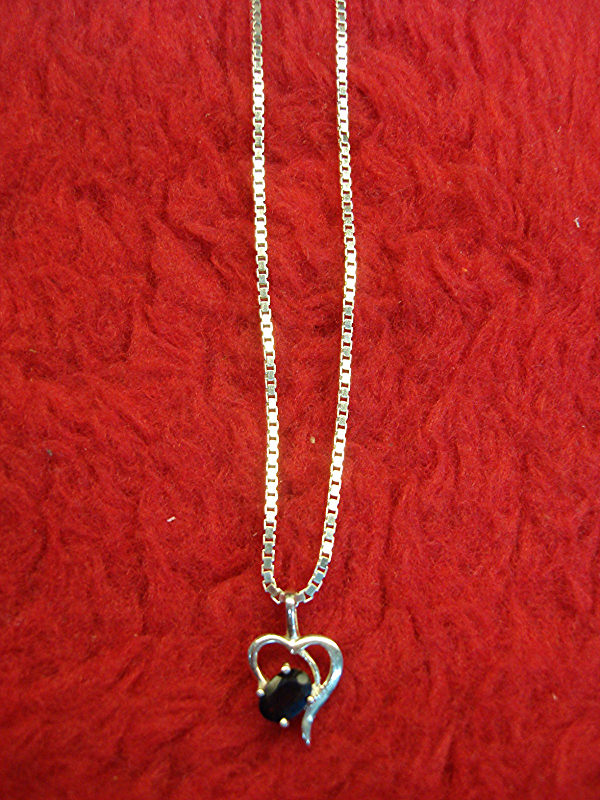 Sterling silver heart pendant with blue sapphire and box chain