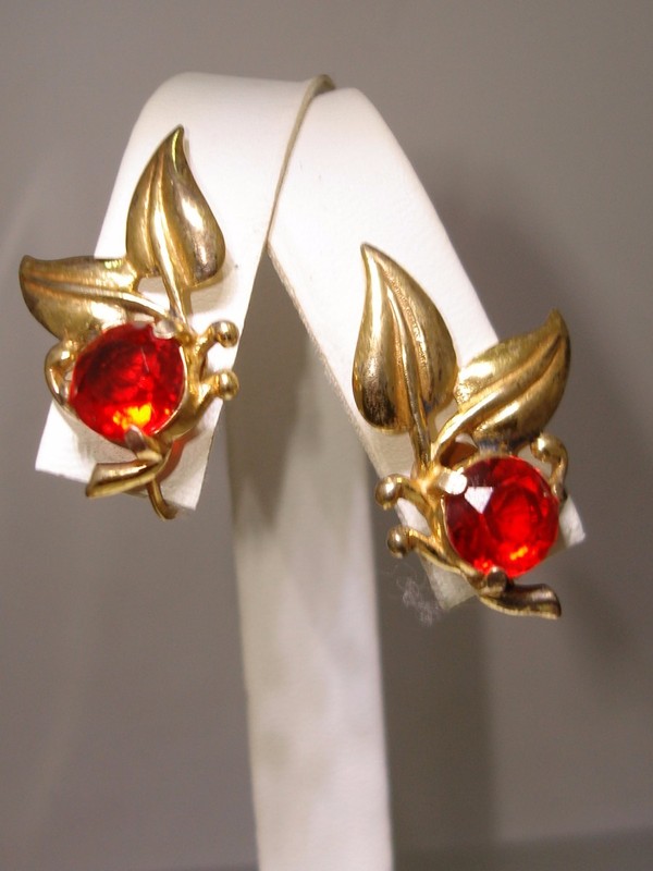 1940s Gold Vermeil Red Rhinestone Earrings
