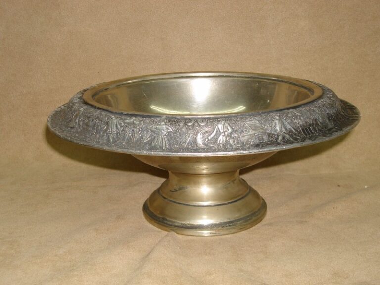 Antique nickel silver footed bowl with repoussé colonial figures and lid