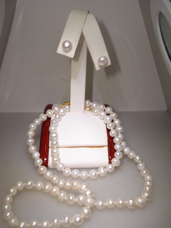 Vermeil sterling silver freshwater pearl necklace, bracelet, and earrings set