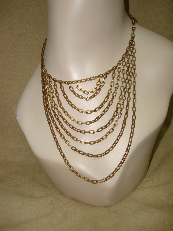 Antique Art Deco brass choker necklace with gold wash and eight graduated chains