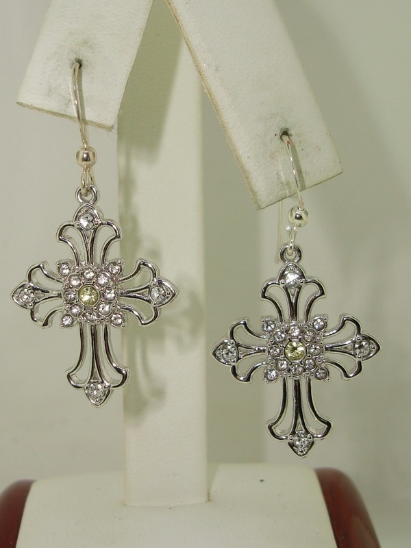 Sterling silver filigree cross earrings with cubic zirconia stones