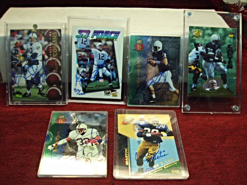 Set of 6 autograph cards featuring Kerry Collins, Kijana Carter, and Curtis Martin from Penn State and Pitt football
