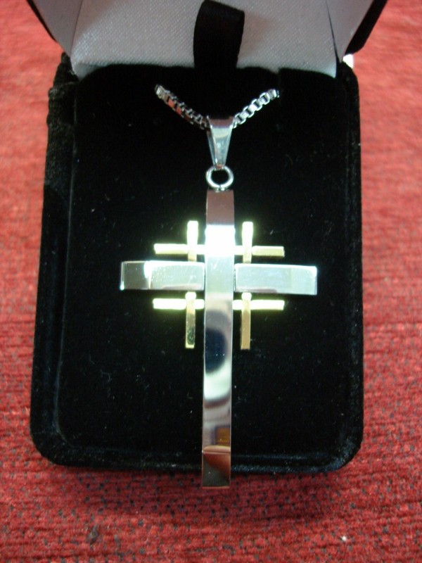Stainless steel and brass 2-tone cross necklace with 36 inch chain