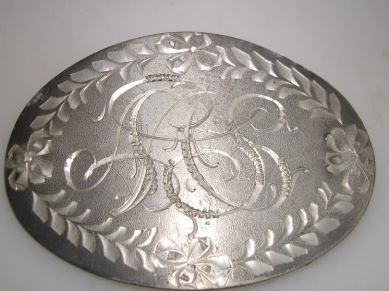 Vintage Art Nouveau floral pin with etched initials AAS