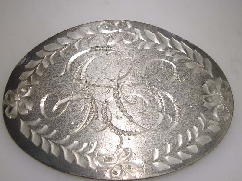 Vintage Art Nouveau floral pin with etched initials AAS